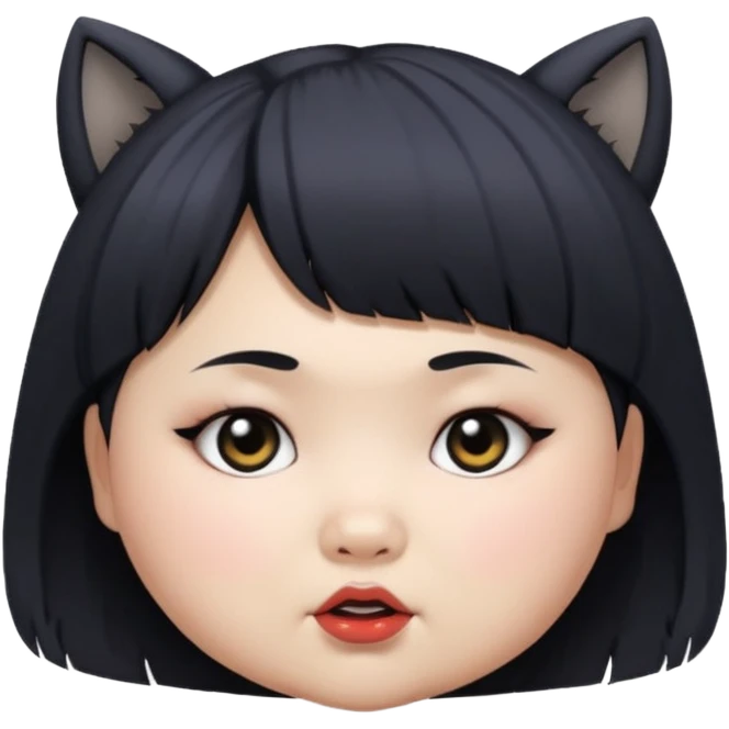 chubby Asian girl, age 14, baby face, wolf cut hairstyle, goth style emoji