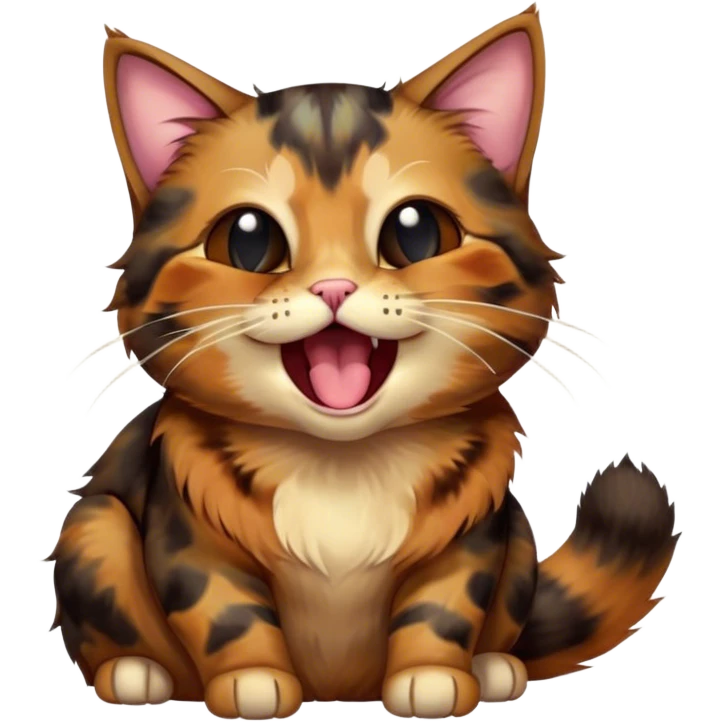 Cinematic Cute Yawning Tortoiseshell Cat Portrait Emoji, Head slightly tilted with a wide, adorable yawn and half-closed, dreamy eyes, featuring a warm, mottled fur of rich browns and blacks, simplified yet irresistibly cute, highly detailed, glowing with a soft, slumbering radiance, high shine, exuding a relaxed, drowsy charm, styled with a gentle, soft glowing outline, capturing the essence of a tortoiseshell cat in a precious moment of sleepy delight! emoji