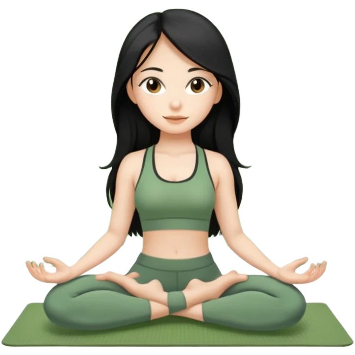 long black hair and brown eyes yoga beautiful girl in sage green clothes sitting on a yoga mat emoji