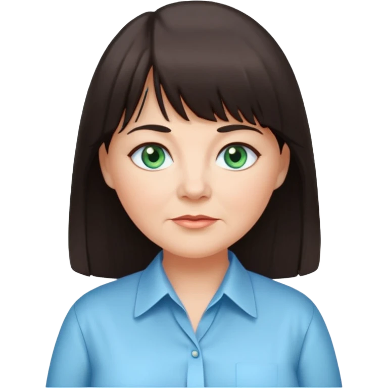 60 yr old woman, blue green eyes, long straight dark brown hair, business shirt, chubby, bangs emoji