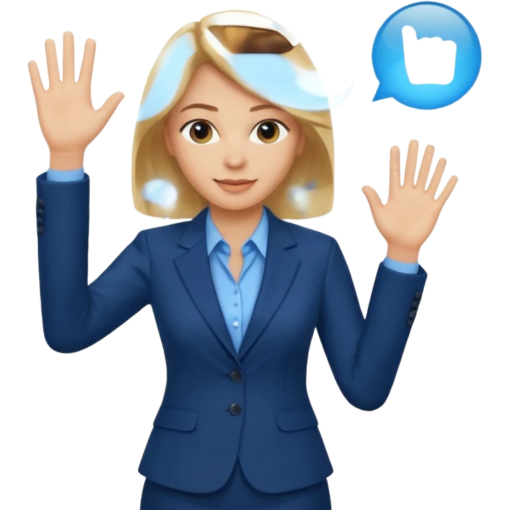 Make emoji of business woman with light skin and medium blonde hair in a dark blue business suit and light blue shirt waiving to new clients emoji