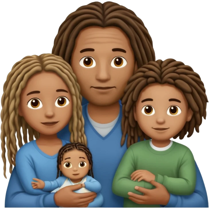 Brown family of 3 with a dad with long locs mom with shorter locs a 8 yr old boy light skinned brown with long braids and a 6 yr old with a small fro and a little baby boy that looks like the dad emoji