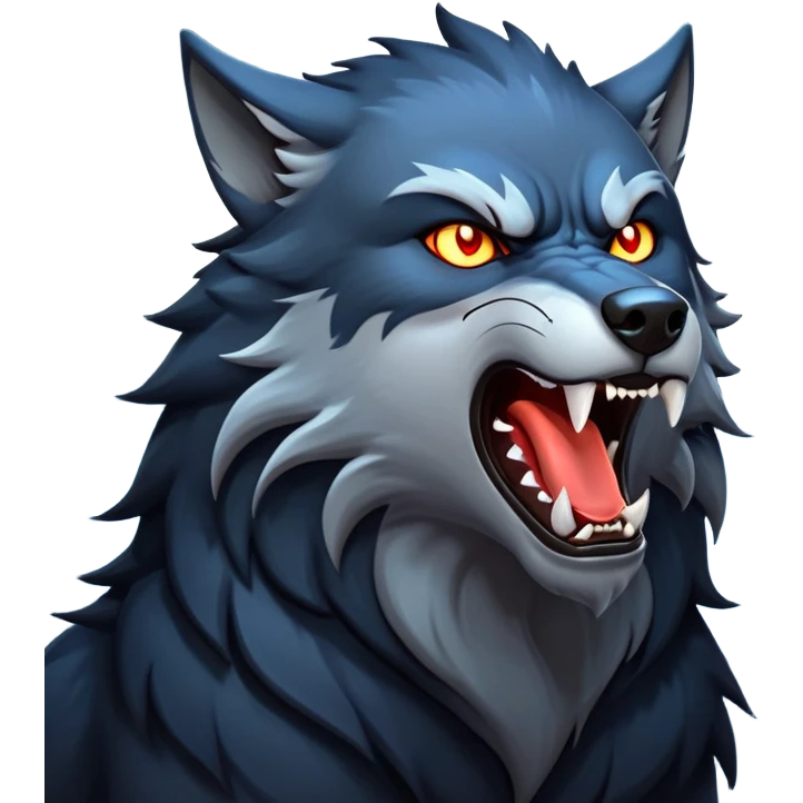 cinematic-noble-fierce-werewolf-howling-portrait-emoji, poised-and-imposing, with a fierce wolfish face tilted upwards in a haunting howl, glowing eyes full of primal ferocity, sharp, and a rugged snout, fur rippling in shades of midnight black and silver, muscles tensed as the powerful howl echoes beneath the moonlit sky; rendered with realism, capturing the raw, untamed power of the beast in its wild, primal state emoji