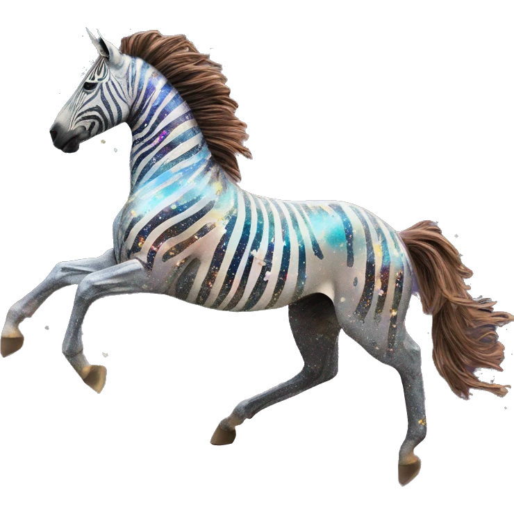 Ethereal zebra newspaper cutting flowers graffiti magazine collage glittering iridescent rich chestnut brown blue mane horse galloping through constellations and nebulas, unicorn Pegasus emoji