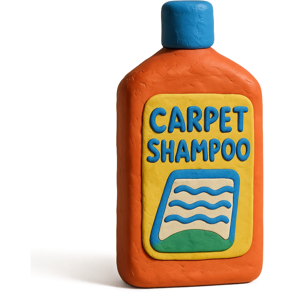carpet shampoo bottle with blue cap and colorful label, soft lighting, claymation style emoji