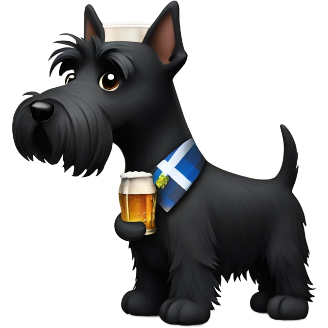 ￼ black Scottish terrier holding a beer emoji