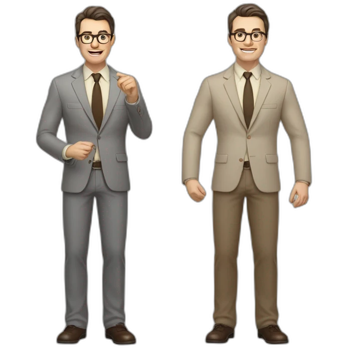 Full height Actively gesturing with hands Pale skinned fit man with dark brown hair in gray jacket, beige office shirt, brown tie, brown pants and vintage glasses. emoji