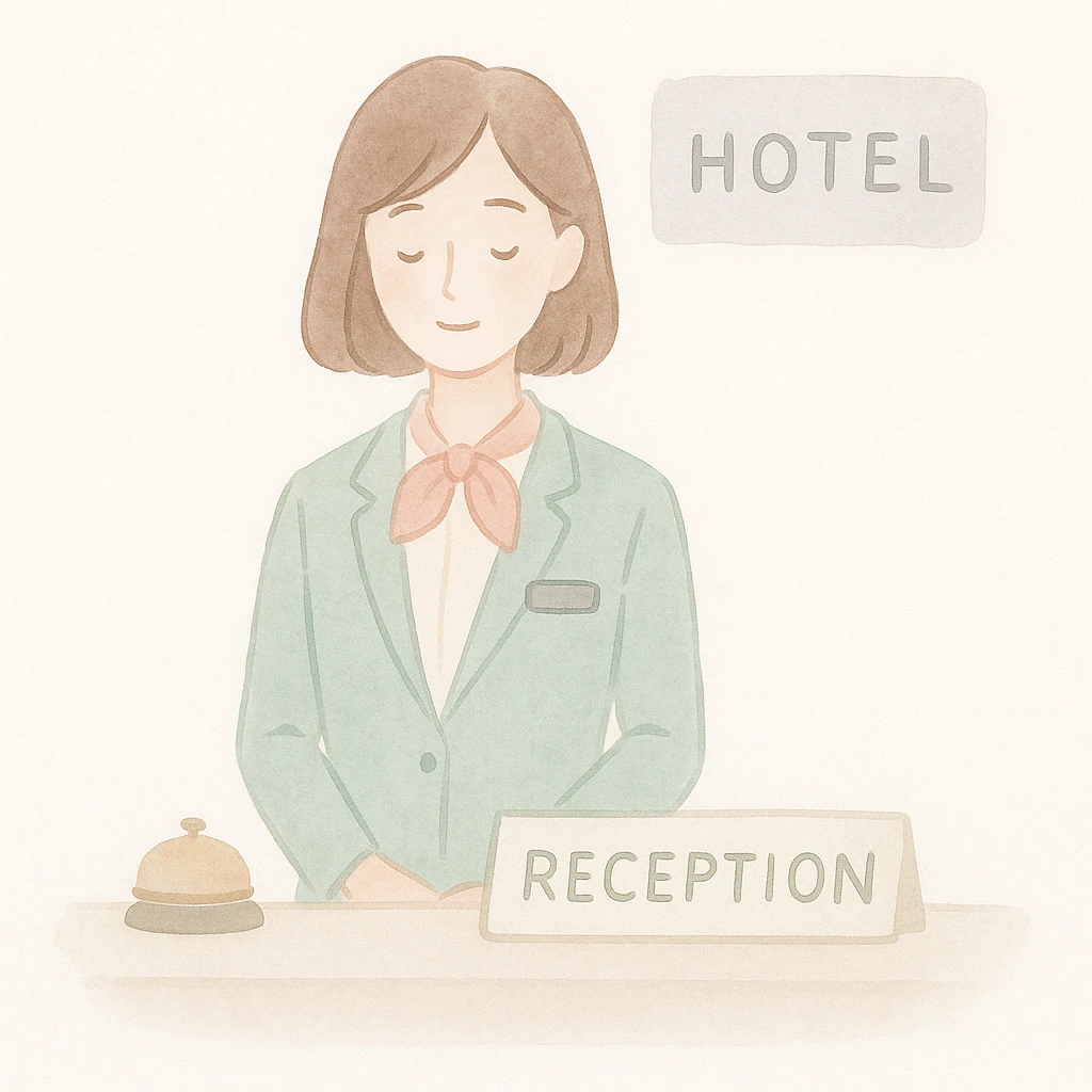 soft watercolor illustration of a female hotel receptionist in a minimalist modern style, pastel colors, delicate linework, gentle whimsical mood, minimal soft shading emoji
