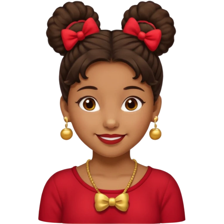 Brownskin girl dark brown hair fluffy.Two buns with red bows brown eyes smiling closed mouth red shirt gold esrrings gold necklace emoji