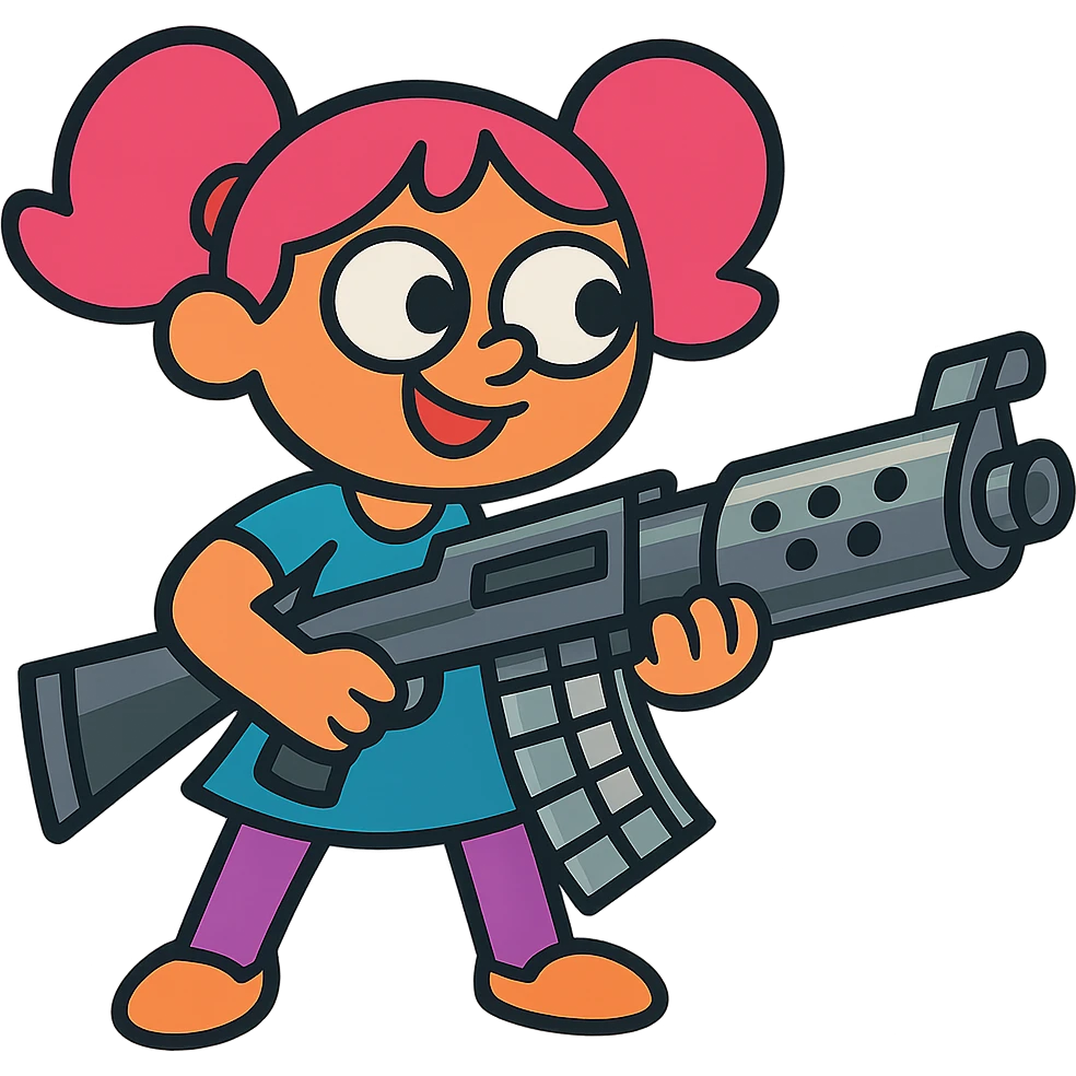 funny, positive stalker girl named Businka with a huge machine gun emoji