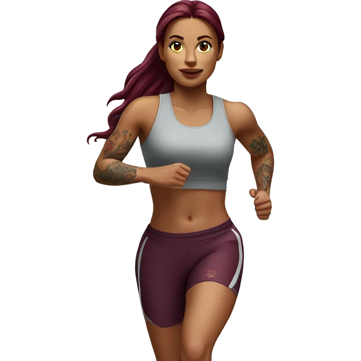Beautiful tattooed  burgundy long haired woman jogging emoji