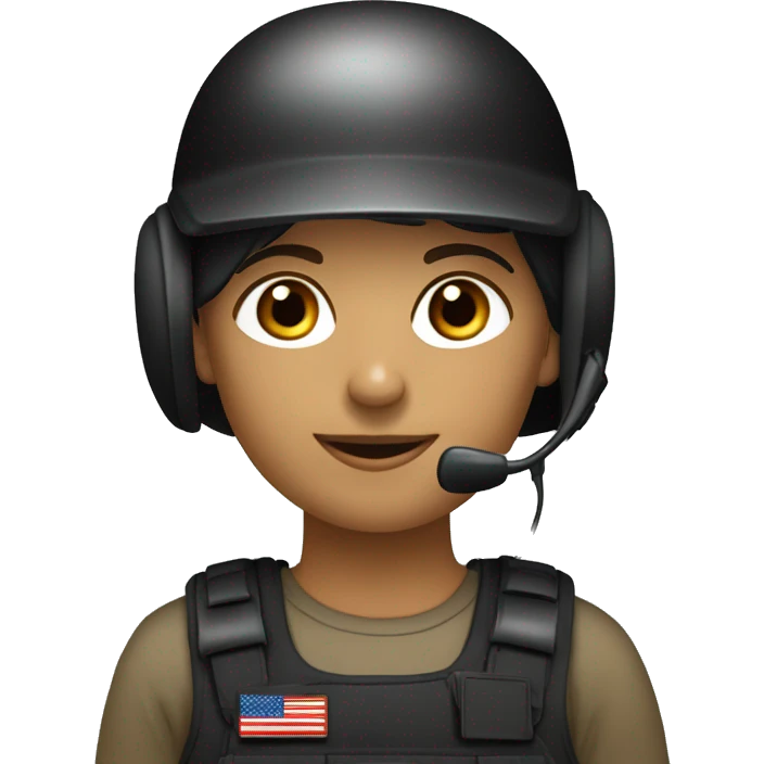 operator dressed in black with a milatary helmet, without glasses, wearing a headset, ready to respond to alerts, preferably female white emoji