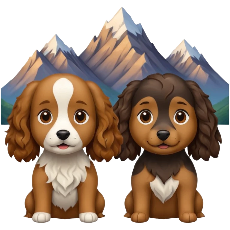 two dogs with wavy hair, one black and brown, one shades of brown with mountains emoji
