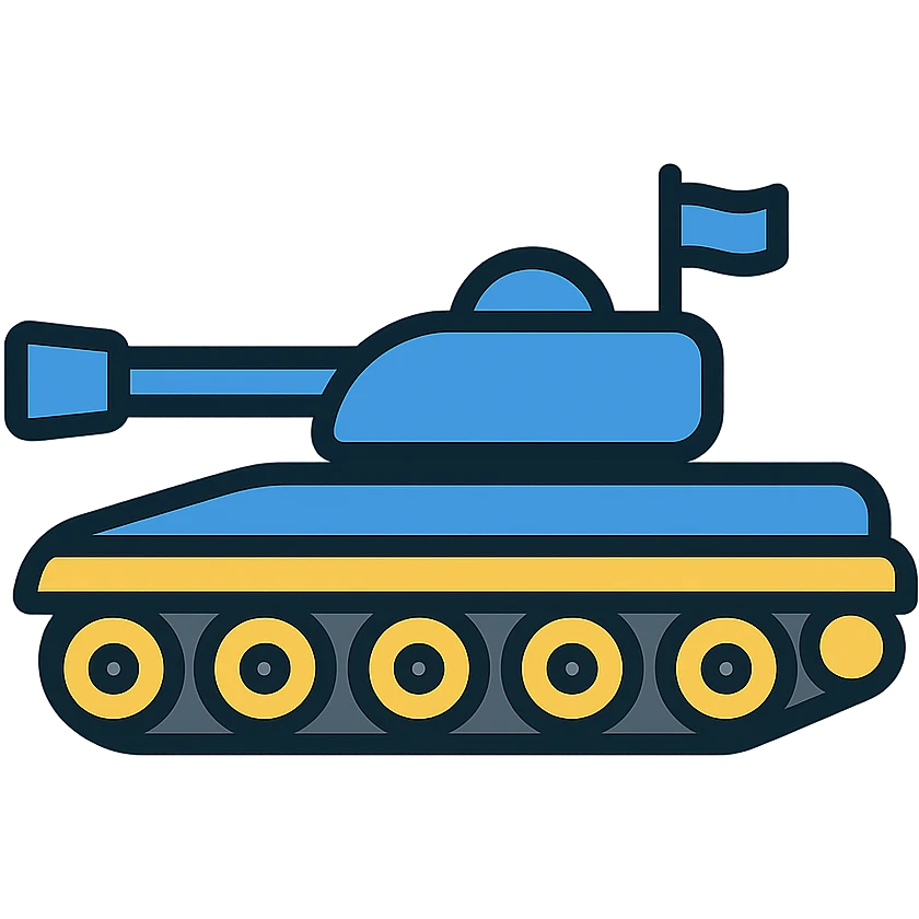 Ukrainian battle tank with blue and yellow camouflage, color outline icon style emoji