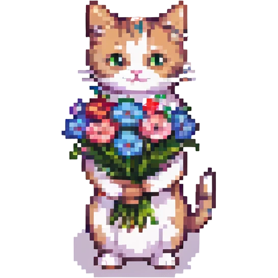 a cute cat with a bouquet of flowers, pixel art style emoji