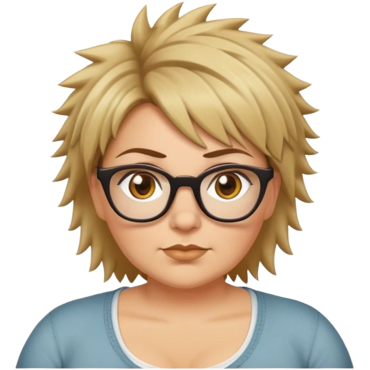 plus size white women with short medium brown and blonde shaggy spiked hair wearing glasses with hazel color eyes and flat nose emoji