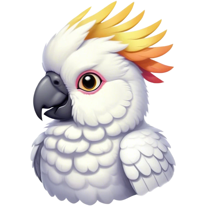 Cinematic Cute Cockatoo Portrait Emoji, Head tilted playfully and inquisitively, featuring a charming, fluffy form with a vividly colored crest, round, sparkling eyes full of playful wonder, and a soft, curved beak, Simplified yet irresistibly adorable features, highly detailed, glowing with a warm, inviting tropical glow, high shine, affectionate and lively, stylized with a touch of whimsical avian charm, soft glowing outline, capturing the essence of a mischievous yet loving cockatoo that seems as if it could flutter out of the screen into your arms! emoji