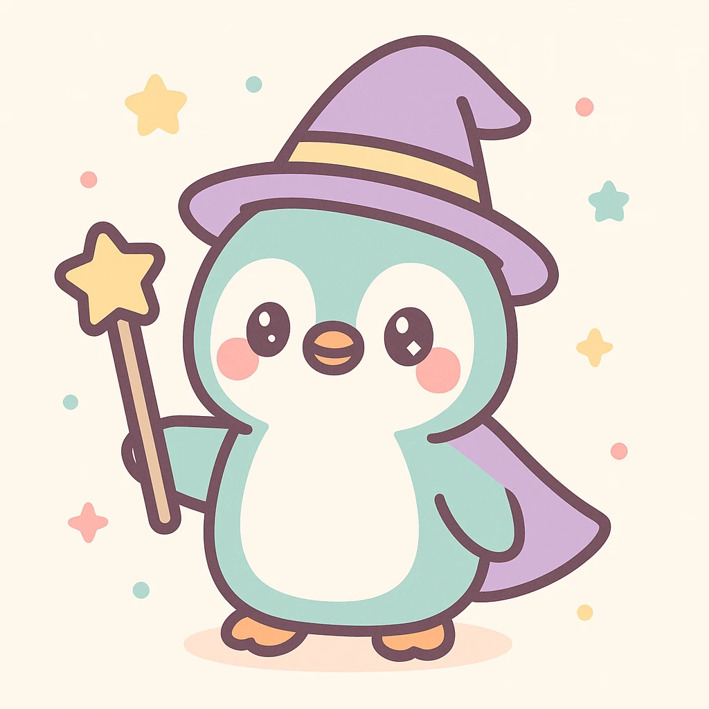a penguin dressed as a wizard, with a pointy hat and a magic staff, in a cute and whimsical style emoji