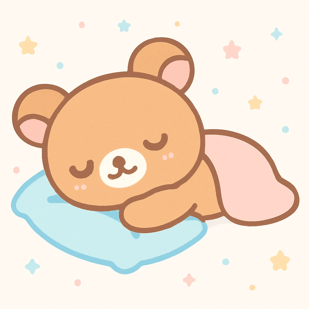 rillakuma, cute bear character, sleeping on a pillow, kawaii style emoji