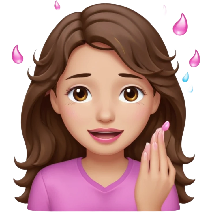 girl with wavy long brown hair, brown eyes, light to medium complexion, long lashes, light pink lipstick, wearing light pink shirt, smiling, crying with big pink tears coming down the face emoji