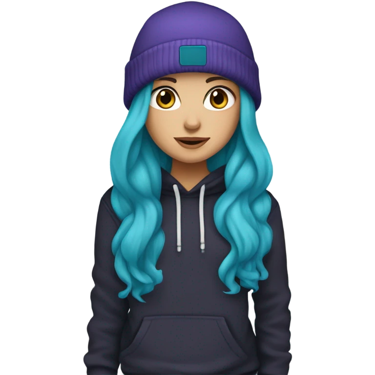 White girl, blue eyes, long teal hair, purple beanie hat, black hoodie, blue jeans, black shoes emoji