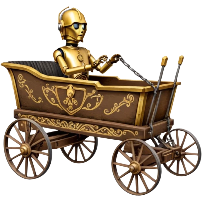 Old American West tarnished underglow C-3PO bounty hunter 1854 delicately ornate rosegold accents painted dune buggy buckboard wagon powered by electric motors and batteries with safety and belts flying rapidly roughening terrain stable on strong agile advanced cantilever suspension and steering emoji