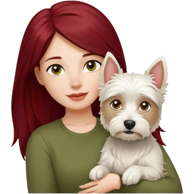Westie white terrier dog being held by woman with dark red long hair and hazel eye wearing olive green top emoji
