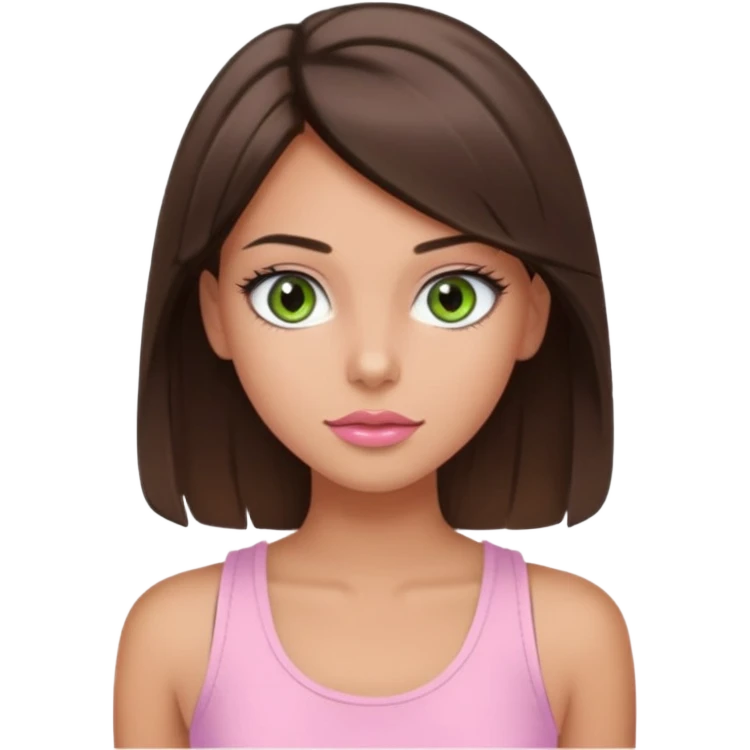 Create a teen girl wearing a light pink tank top. She will have brunette hair, tan skin, pink lips, and grey-green eyes. She has long eyelashes. emoji