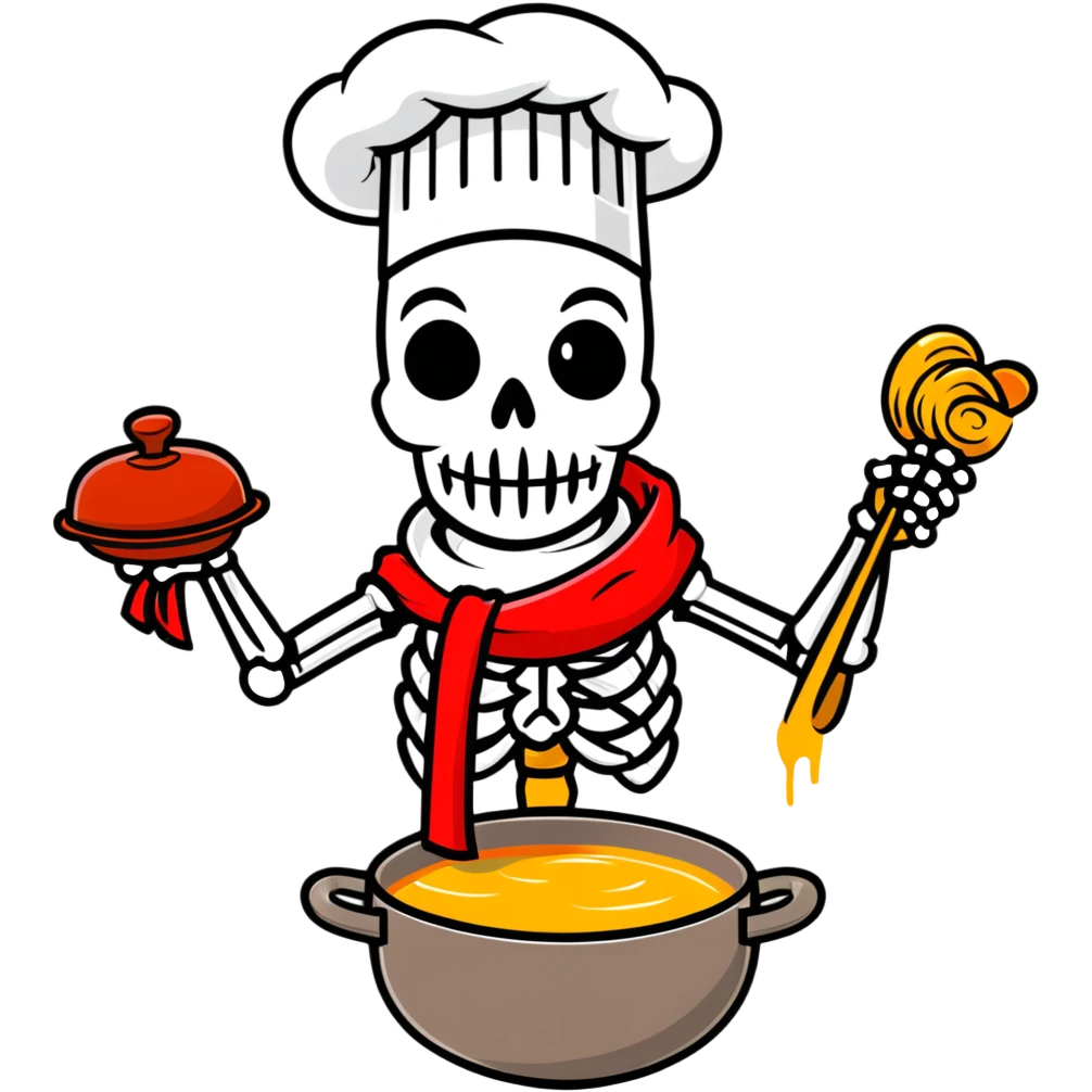 Papyrus from Undertale cooking spaghetti, tall skeleton with red scarf and white armor, enthusiastically stirring pasta in a pot, chef hat emoji