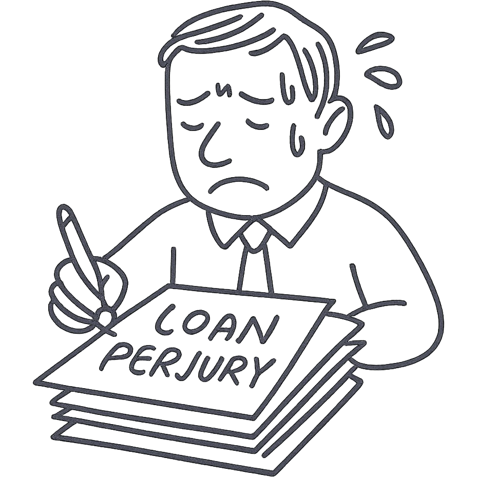 man committing loan perjury, sweating, with a stack of papers emoji