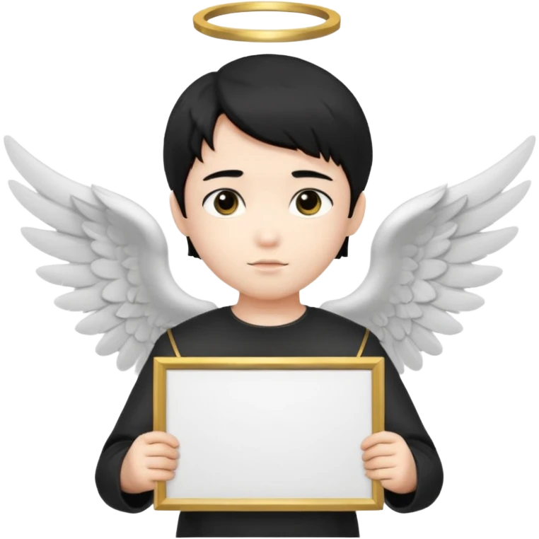 Asian Boy Angel with black hair black black eyes halo and black wings holding a large blank sign emoji