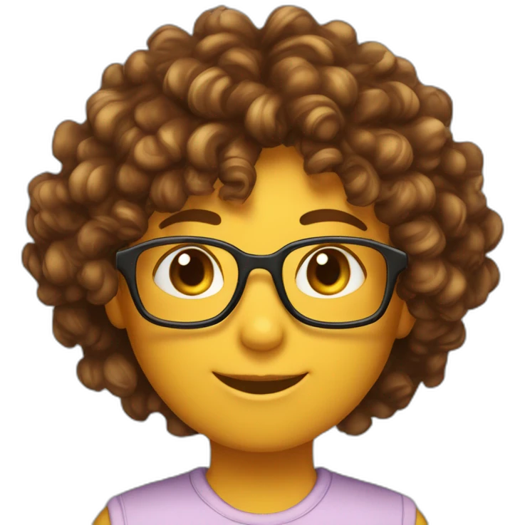 Human emoji, skin #8f6354 color, hair curly long with gradient from #382b26 to #876c55, has glasses with rectangular shape, has tortoiseshell cat ears, and is happy emoji