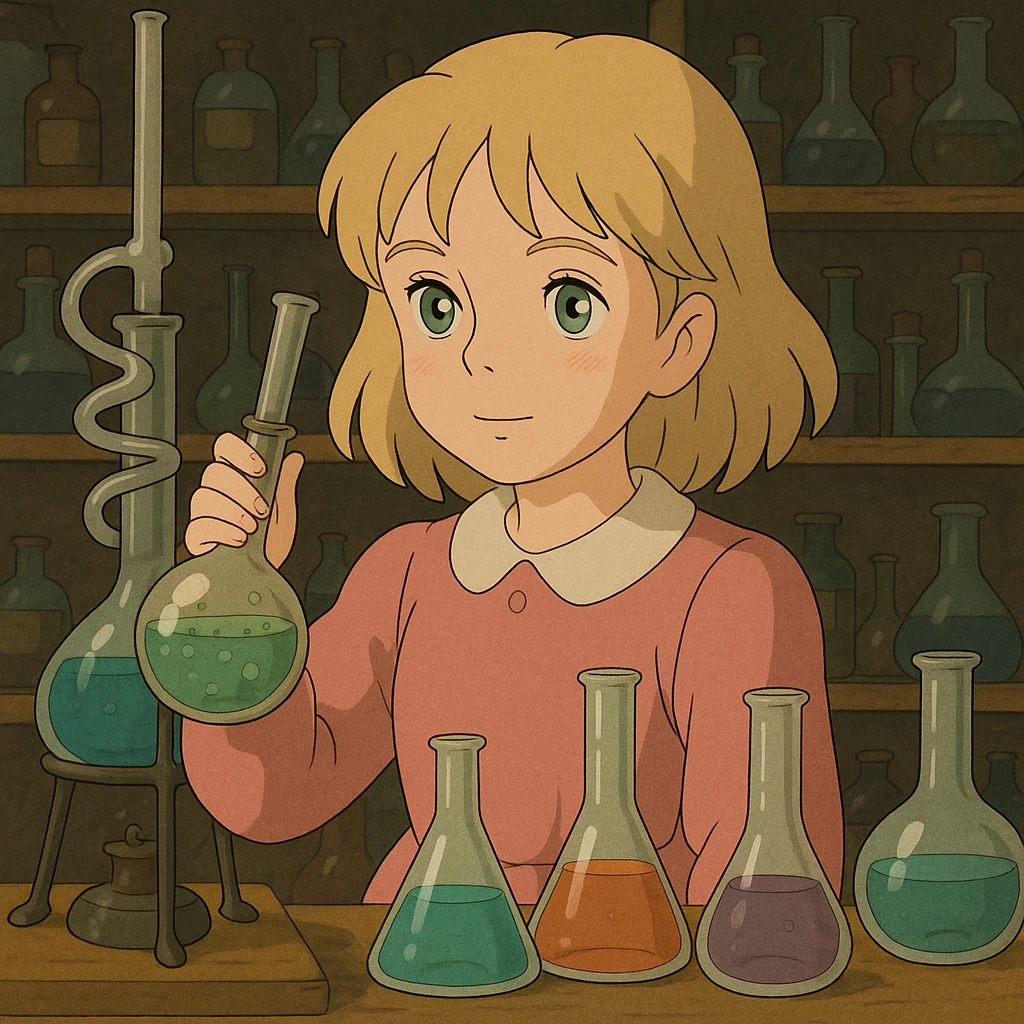 blonde girl with green-grey eyes, in pink clothes, surrounded by chemistry equipment, chemist style emoji