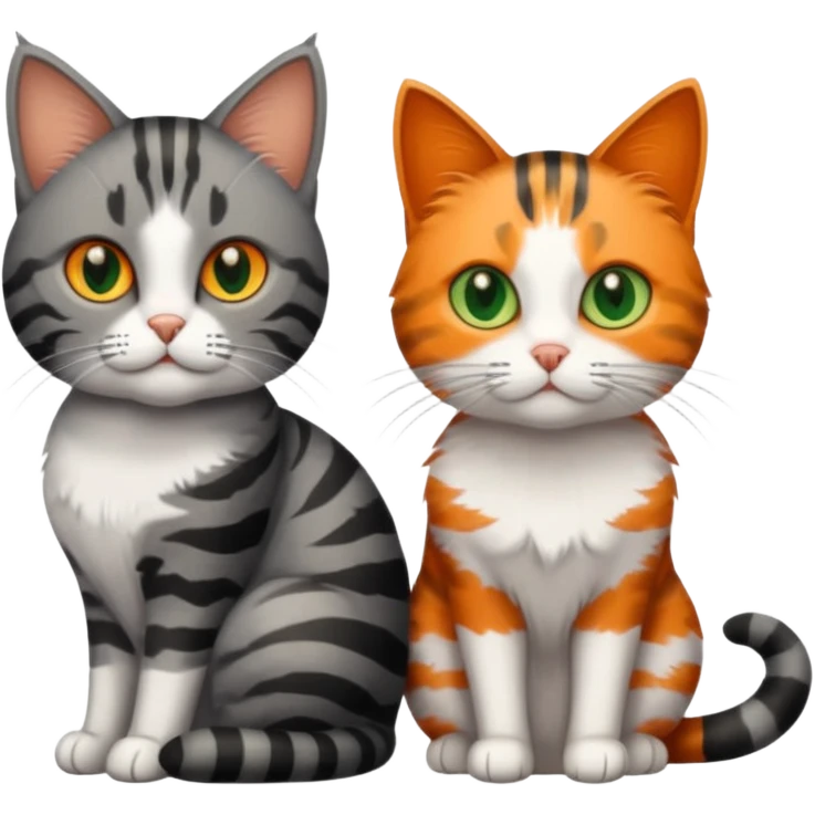 A grey tabby cat with dark grey stripes and green eyes sitting next to a calico cat with orange eyes emoji