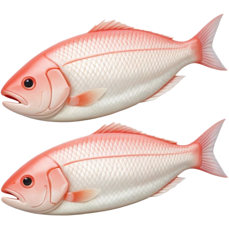 realistic white fish fillet boneless skinless pre-cut trimmed natural shape soft curves pale ivory to pinkish-white moist glossy fine muscle grain neat no bones skin head tail no plate seasoning no faces clean 3D soft lighting transparent background emoji scale emoji