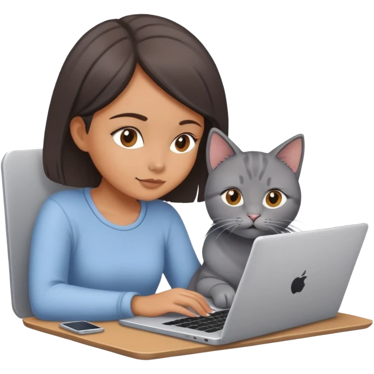 A girl is working on a laptop with a cat lying next to it emoji
