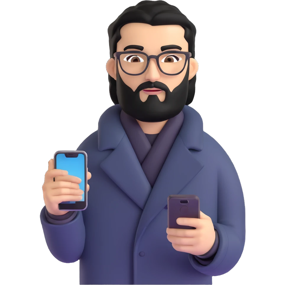 professional man standing, wearing black coat, with medium black beard, black hair neatly combed to one side, connected unibrow, olive tan skin, brown eyes, glasses, prominent nose, holding a smartphone emoji