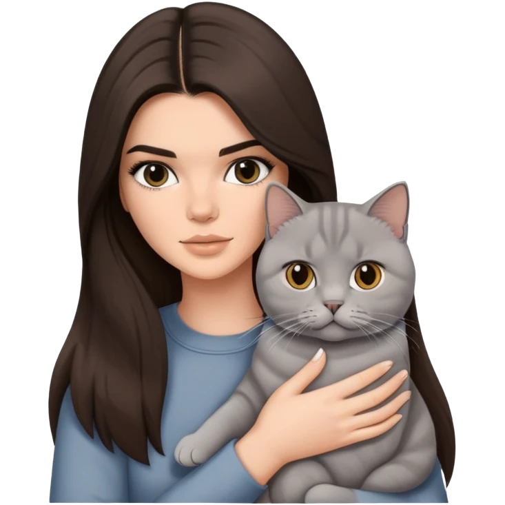 brunette Kendall Jenner with long hair holding on the hands a british british white shorthair cat emoji