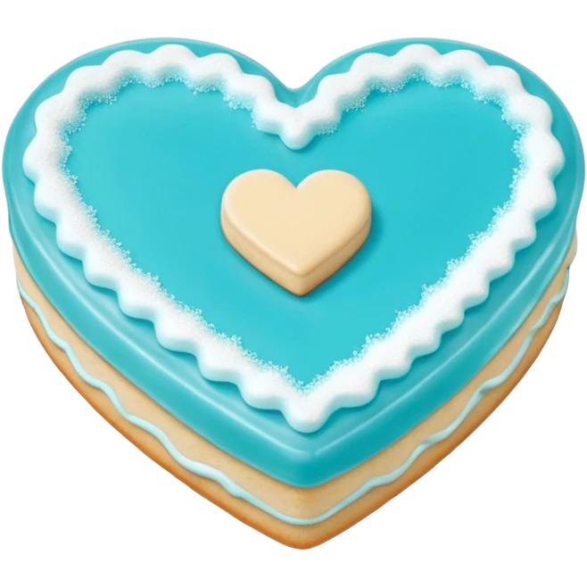 Realistic shortbread cookie in the shape of a heart with Tiffany blue color jelly middle filling and sprinkled powder sugar on top. emoji