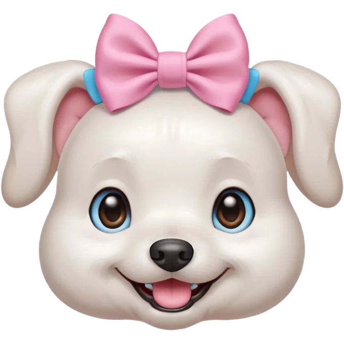 a cute white dog wearing a pink blue pastel bow on his head while he smiles excitedly emoji