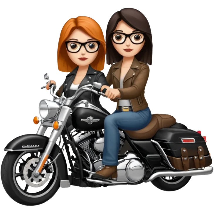 Un couple de biker sur une harley road king noire, l'homme n'a pas de moustache et une paire de lunettes demetz ros21, la fille a des cheveux plus dans les tons chatain emoji