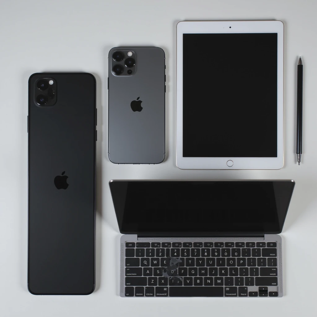 all three Apple devices (space gray iPhone 16 Pro Max, iPad Pro 11-inch, MacBook Pro M1) together, realistic, modern, minimal background emoji