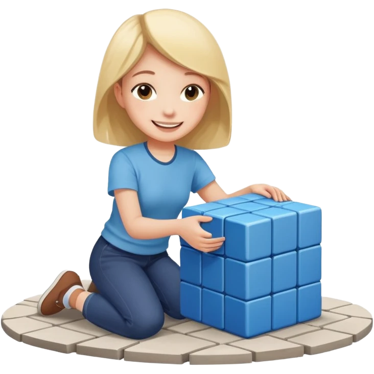 Стдуент, который аккуратно и с улыбкой ставит большой кубик на землю, словно строит фундамент. Ощущение безопасности и начала пути. emoji