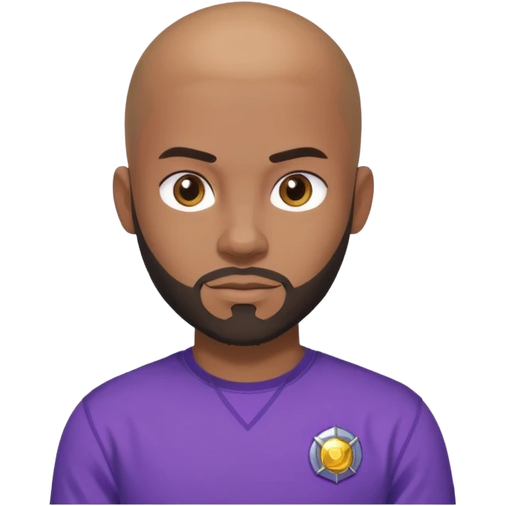 um jovem negro, careca, com barba, com um olhar confiante e olhando para frente, usando uma camisa roxa mostrando o seu beyblade. emoji