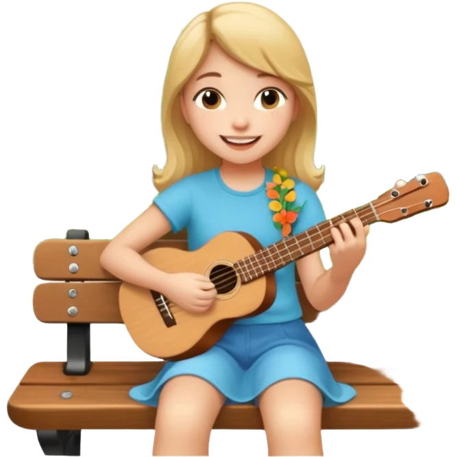 Teen girl – relaxed on park bench, strumming a ukulele, smiling.
 emoji