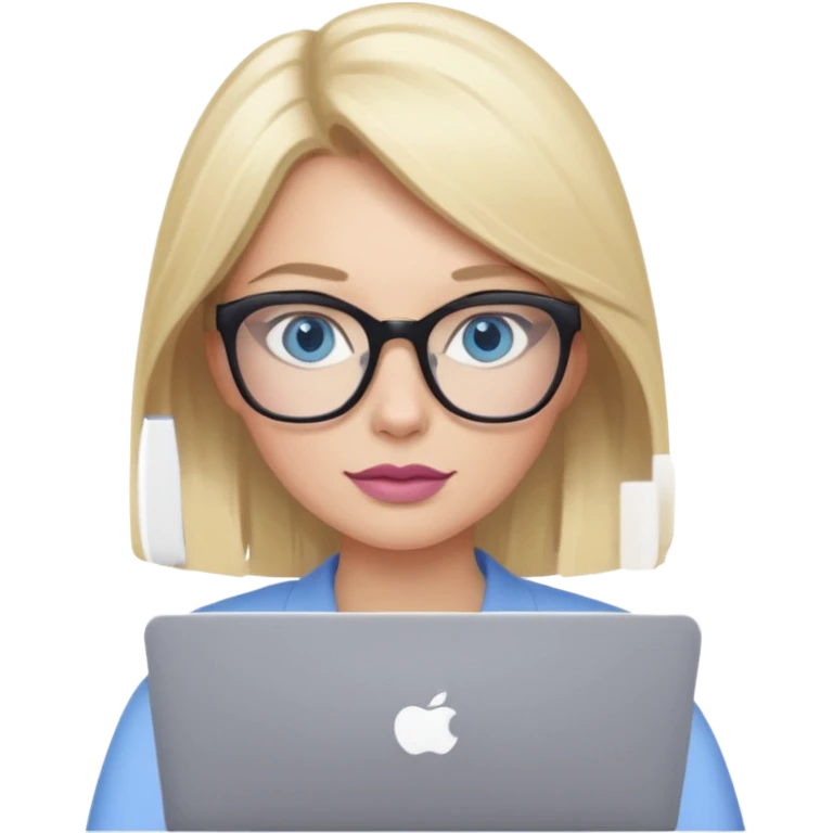 donna, occhi azzurri con occhiali, capelli medi, lisci e biondi, lavora usando il pc. Labbra color malva chiaro emoji