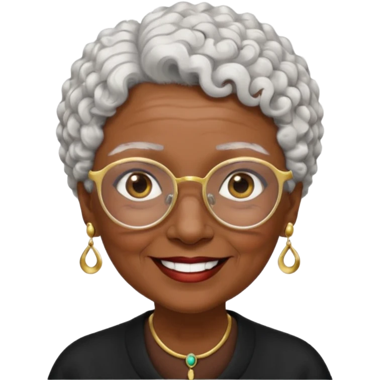 old lady with short, curly white hair, dark brown skin, and large brown eyes, wearing black-rimmed glasses and gold earrings, with a friendly smile emoji