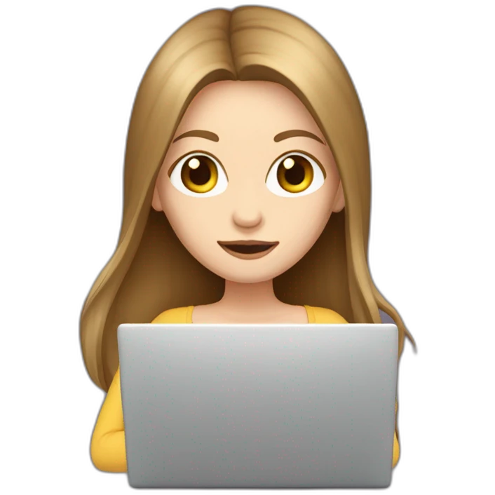 woman with pale skin and brown long hair hiding behind a gigantic laptop emoji