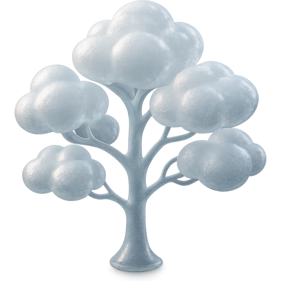 one tree with many branches and a white trunk, crown made of small very bright white fluffy convex clouds, matte glass style emoji