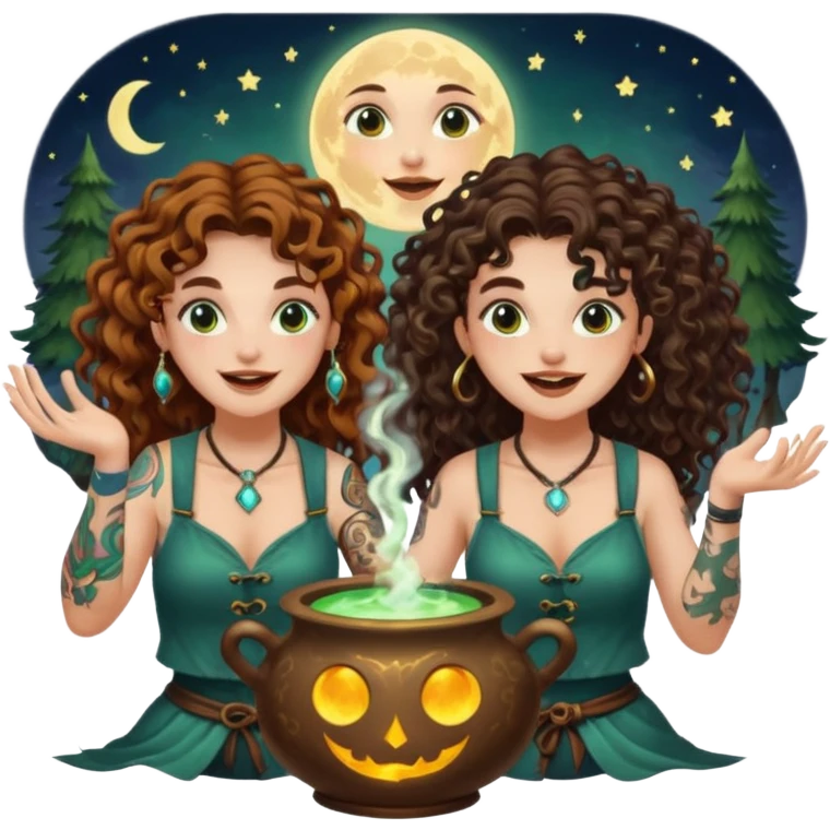 forest alchemist duo two women curly long hair tattooed and short brown mullet mixing glowing moon potion together excited faces emoji